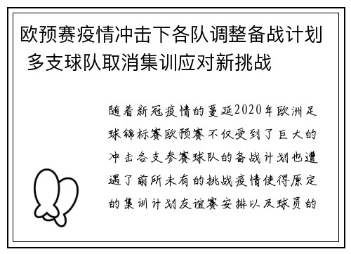 欧预赛疫情冲击下各队调整备战计划 多支球队取消集训应对新挑战