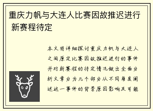 重庆力帆与大连人比赛因故推迟进行 新赛程待定