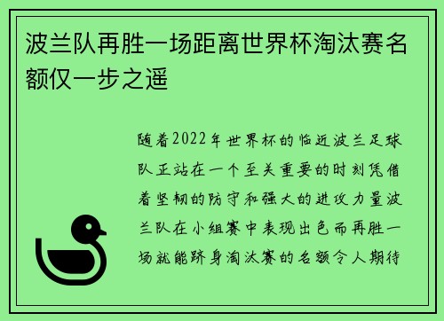 波兰队再胜一场距离世界杯淘汰赛名额仅一步之遥