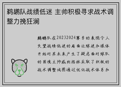 鹈鹕队战绩低迷 主帅积极寻求战术调整力挽狂澜